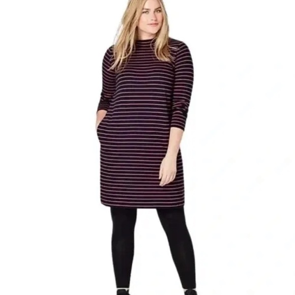 J Jill Mock Neck Striped Knit T Shirt Dress Navy Pink Comfy Dress POCKETS Size L - Picture 1 of 8